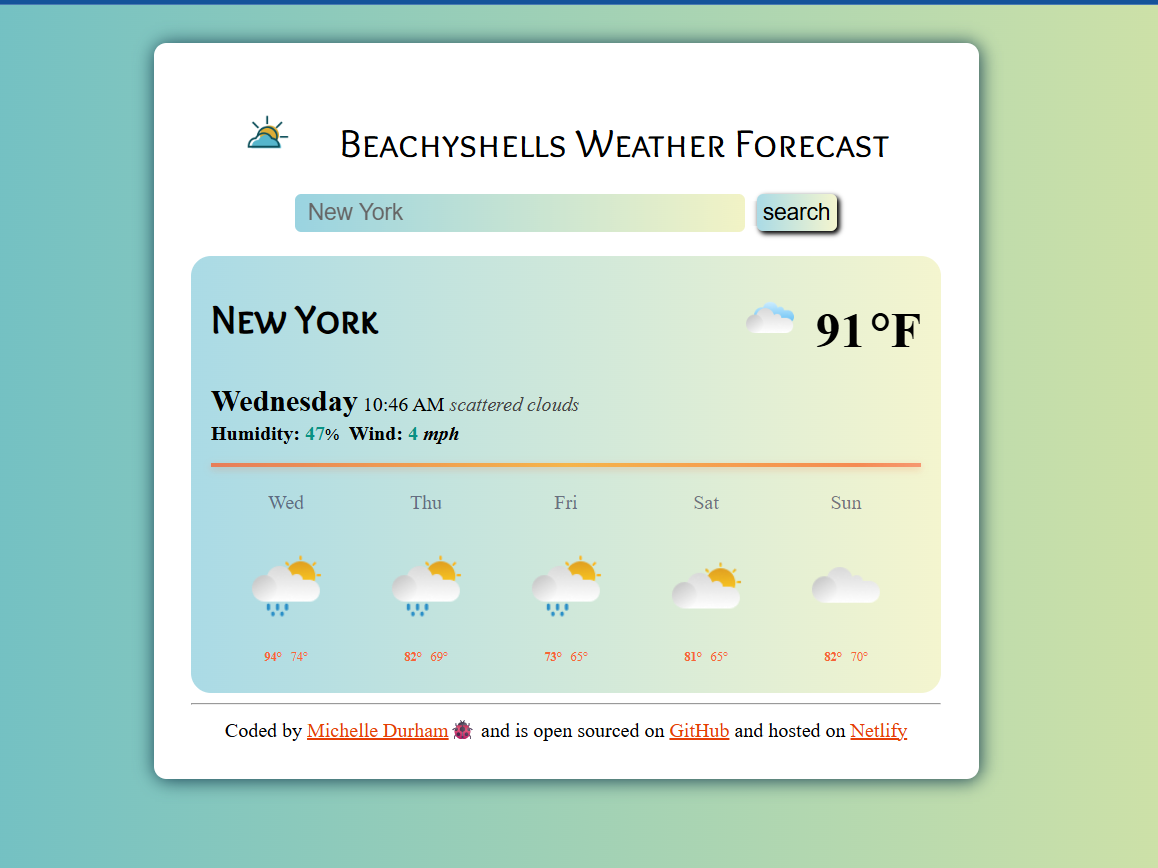 Weather application showing current conditions and 5-day forecast with real-time data