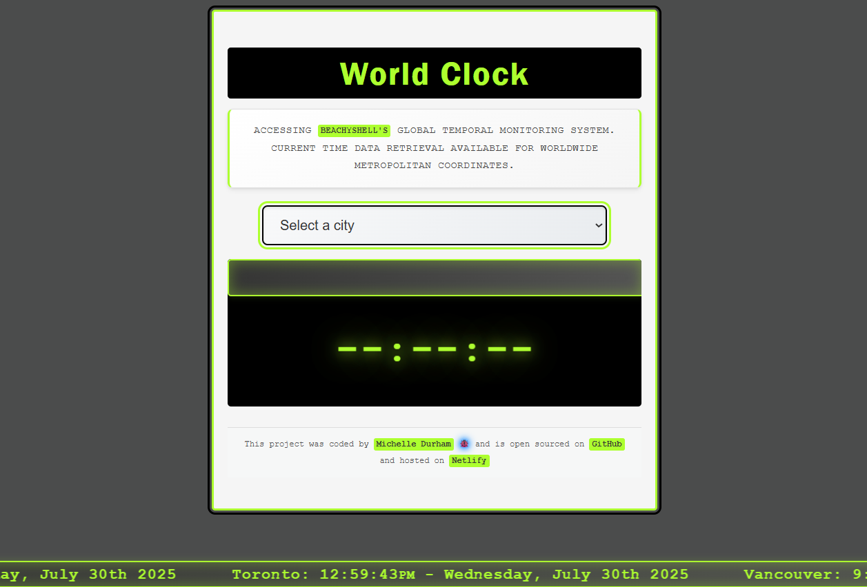 World clock application displaying multiple time zones with animated digital interface